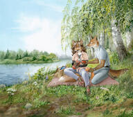 background bag brown_hair clothing detailed_background female long_hair male meta:2011 nature outside picnic polo_shirt sandals species:canine species:fox species:mammal thermos trees watch water // 800x705 // 182KB