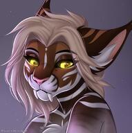 artist:padjetxharrington brown_fur chest_tuft ear_tuft ears fangs female long_hair looking_aside orange_fur sad_expression silver_hair simple_background solo species:feline species:mammal species:saber-toothed_tiger striped_fur tuft yellow_eyes // 1069x1072 // 964KB