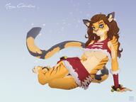 artist:ansart blue_eyes brown_hair character:araivis_edelveys claws ear_tuft ears feet female fur laying long_hair looking_at_viewer muscular orange_fur paws simple_background sitting skirt smiling snow solo species:feline species:mammal species:pantherine species:tiger striped_fur tank_top tuft white_fur // 3600x2700 // 15MB