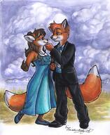 artist:dingbat black_clothing blue_clothing bow brown_hair clouds dress earring ears female grass male meta:2002 outside shoes species:canine species:fox species:mammal tail // 600x733 // 89KB