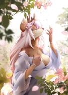 artist:laffisa brown_fur calm dress eyes_closed female flowers forest outside smelling solo species:deer species:doe sunlight white_dress white_fur // 850x1190 // 1.4MB