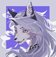 artist:qishu character:loona_(helluva_boss) cigar copyright:helluva_boss female grey_fur long_hair looking_at_viewer simple_background smoke smoking solo species:canine species:mammal species:wolf // 944x950 // 727KB