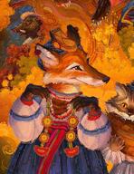 artist:olya_luki brown_eyes brown_fur dress dress_decoration ears female folk fur head_cover orange_eyes orange_fur slavic solo species:boar species:canine species:cat species:domestic species:feline species:fox species:mammal white_fur // 1661x2160 // 650KB