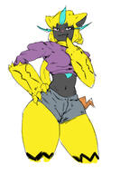 artist:redfred clothing copyright:nintendo copyright:pokemon female front_view halter_top hotpants midriff simple_background species:zeraora // 903x1308 // 371KB