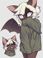 artist:biankers ears eyes female freckles green_hoodie hair hoodie pink_eyes simple_background species:bat species:canine species:fox species:mammal tail white_background white_hair // 900x1200 // 111KB