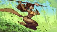 amazon artist:viktria brown_fur brown_hair bush clothing feet female forest green_eyes hunting jump jungle leap spear species:cat species:domestic species:feline species:mammal tail tree trees tribal weapon // 3840x2160 // 3.7MB