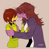 blushing character:kris_(deltarune) character:susie_(deltarune) copyright:deltarune embrace female heart_symbol nose_to_nose // 700x700 // 65KB