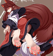 artist:tamahana character:kagerou_imaizumi_(touhou) clothing copyright:touhou dress female foot_focus from_below kimono pawpads paws species:canine species:fox species:mammal tail // 776x824 // 489KB