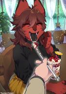 artist:teteteko character:franchesca_(garasaki) clothing dessert eating female first_person_view food holding_object mouth_open species:canine species:human species:mammal // 573x809 // 85KB