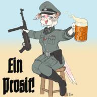 artist:nautilusbomb beverage ears female meta:2023 meta:german_text meta:text military nazism species:bird tail uniform weapon // 2000x2000 // 1.2MB