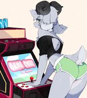 arcade artist:punipaws back_view blushing cans chest_tuft female green_eyes grey_hair grey_wool horns looking_at_viewer nails short_hair short_shorts shorts shy simple_background solo species:mammal species:ram species:sheep tail tank_top tuft // 1045x1171 // 1.5MB