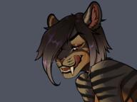 artist:zellikesskittles character:katerina_aristov ear_tuft ears fangs female fur grey_fur grey_hair licking licking_mouth looking_at_viewer nose_piercing orange_eyes piercing short_hair simple_background smiling solo species:feline species:mammal species:saber-toothed_tiger striped_fur tongue tuft // 2048x1536 // 1.2MB