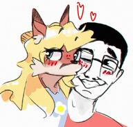 black_hair blonde_hair blushing character:chudjak clothing dress duo female glasses happy hmofa kissing male red_fur red_shirt shirt simple_background smiling soyjak species:canine species:fox species:human species:mammal white_fur // 850x812 // 104KB