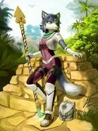 artist:jecbrush blue_fur character:krystal_(star_fox) copyright:star_fox female meta:2012 meta:low_res outside pink_clothing species:canine species:fox species:mammal weapon // 500x667 // 89KB