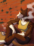 artist:sir_markuzs brick_wall brown_fur character:butch_animal_(flockdog) cigarettes cup ears female fluffy fur gloves_(marking) heart jeans muscular orange_eyes sad_expression sitting smoke smoking socks_(marking) species:canine species:dog species:domestic species:mammal tank_top tuft white_fur // 1500x2000 // 525KB