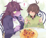 character:kris_(deltarune) character:susie_(deltarune) clothing copyright:deltarune eating female food male purple_skin spaghetti species:human species:monster species:scalie // 1317x1073 // 1.1MB