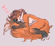 black_fur brown_hair eyes_closed feet female fluffy fur hands long_hair meta:unknown_artist orange_fur simple_background sleeping solo species:canine species:fox species:mammal tail tuft white_fur // 1505x1255 // 747KB