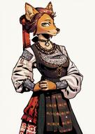 artist:beracerbera brown_hair dress dress_decoration ethnic female fur green_eyes hair hair_bun jewelry long_hair orange_fur simple_background solo spanish species:canine species:fox species:mammal white_fur // 1768x2500 // 488KB