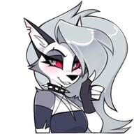 blue_clothing blushing collar copyright:helluva_boss ears female grey_hair loona_(helluva_boss) meta:low_res paws red_eyes species:canine species:mammal species:wolf tail tattered_clothing thumbs_up // 736x736 // 39KB