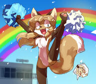 artist:fiddleafox brown_fur character:averi_(fiddleafox) character:hazel_(fiddleafox) cheering dipstick_tail ears female gloves_(marking) rainbow socks_(marking) species:canine species:fox species:mammal tail white_fur // 1280x1126 // 265KB