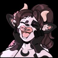 artist:Rhari brown_hair dark_hair ears eyes_closed female flowers laughing long_hair nose_piercing open_mouth piercing simple_backgroud solo species:cow species:mammal tuft white_skin // 512x512 // 155KB