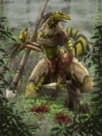 abs amazon artist:teckwolffr big_quadriceps blood claws clothing dagger female fog green_skin hunting jungle meta:2023 muscular red_eyes smiling solo spear species:dinosaur teeth tree trees weapon // 2250x3000 // 8.1MB