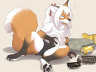 artist:kikurage bed beer beer_cans cans character:okitsune-sama_(kikurage) claws dipstick_tail feet female fluffy food fur hands long_hair looking_aside looking_away orange_fur paws shirt shorts simple_background solo species:canine species:fox species:mammal tail tired white_fur white_hair white_shirt // 1600x1200 // 738KB