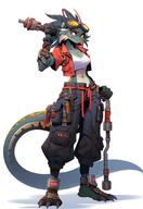 clothing female goggles green holding_object jacket meta:ai_generated pants red_jacket shirt solo species:scalie spots tail tank_top tools trousers white_shirt white_tank_top // 736x1071 // 100KB