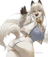 action_pose artist:kuroe_(crocrocroe) back_view claws clothing ears fangs female jacket jewelry licking licking_mouth long_hair looking_at_viewer paws pose red_eyes shorts simple_background solo species:canine species:mammal species:wolf tail tank_top white_fur white_hair // 2953x3488 // 4.7MB