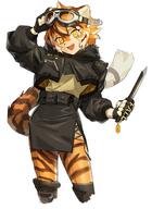 character:waai_fu clothing copyright:arknights female gloves goggles holding id_tag jacket meta:low_res object short_hair skirt species:feline species:human species:hybrid species:mammal species:tiger tail text_in_glove weapon white_background yellow_eyes // 500x684 // 266KB