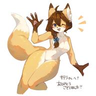 artist:kawarage_yatano blue_eyes brown_fur brown_hair ears female fluffy fur hands_up long_hair open_mouth orange_fur simple_background smiling solo species:canine species:fox species:mammal tail waving white_fur // 1280x1280 // 130KB