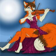 artist:deerwalker blue_eyes brown_fur brown_hair dress female fluffy fur looking_at_viewer musical orange_fur paws playing simple_background sitting solo species:canine species:fox species:mammal tuft violin white_fur // 1750x1750 // 3.3MB