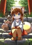 artist:catfox22 brown_hair clothing female forest japanese_clothing neck_tuft orange_fur outside shrine sitting smiling solo species:canine species:fox species:mammal tail white_fur // 2515x3539 // 843KB