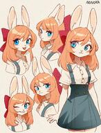 blue_clothing blue_eyes bow dress ears female ginger_hair lagomorph nonoka_(artist) simple_background species:rabbit white_clothing white_fur // 1820x2396 // 8.7MB