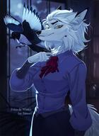 blue_shirt clothing female long_sleeve_shirt necktie pants red_necktie shirt shirt_buttons solo species:arctic_wolf species:bird species:canine species:crow species:mammal species:wolf tail trousers white_fur // 730x1000 // 730KB