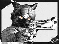 artist:rosecreates character:leslie_rochester(rosecreates) female gun holding_object meta:greyscale orange_eyes pistol revolver simple_background solo species:canine species:dog species:domestic species:german_shepherd species:mammal // 2880x2160 // 6.5MB