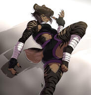 abs action_pose artist:luckypan athletic bandage bandaged_hands big_deltoids big_latissimus_dorsi big_quadriceps black_fur black_hair brown_fur character:katerina_aristov claws fangs feet female hands martial_arts muscular paws pose short_hair short_shorts shorts simple_background solo species:feline species:mammal species:saber-toothed_tiger species:tiger sports_bra striped_fur tail tank_top yellow_eyes // 2500x2605 // 3.5MB