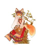 artist:strangelykatie basket brown_eyes dress dress_decoration feet female fur hands head_cover holding_object leaves mushroom mushrooms nose_piercing orange_fur piercing simple_background solo species:canine species:fox species:mammal stump tree white_fur // 750x919 // 72KB