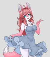 artist:invz blue_eyes brown_hair character:nazuna_hiwatashi copyright:brand_new_animal copyright:netflix copyright:studio_trigger dress ears female fluffy fur hands hands_up long_hair looking_at_viewer orange_fur orange_hair peace_sign pose simple_background smiling solo species:canine species:fox species:mammal tail tuft white_fur // 1790x2058 // 2.3MB