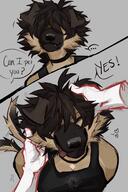 artist:excaliburwolf black_hair brown_fur ears female fluffy fur hands happy hear meta:comic meta:text petting short_hair simple_background smiling solo species:canine species:dog species:domestic species:mammal tank_top tongue tuft // 1088x1632 // 207KB