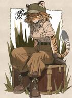 artist:tomochiso boots box ears female fur gloves grass hat long_hair orange_eyes orange_fur orange_hair outside pants shirt sitting solo species:feline species:mammal species:tiger striped_fur tail white_fur // 2200x3000 // 6.3MB