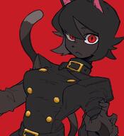 artist:bone_nigi black_fur black_hair black_jacket clothing female jacket jacket_buttons looking_at_viewer red_eyes simple_background species:cat species:domestic species:feline species:mammal tail // 735x805 // 57KB